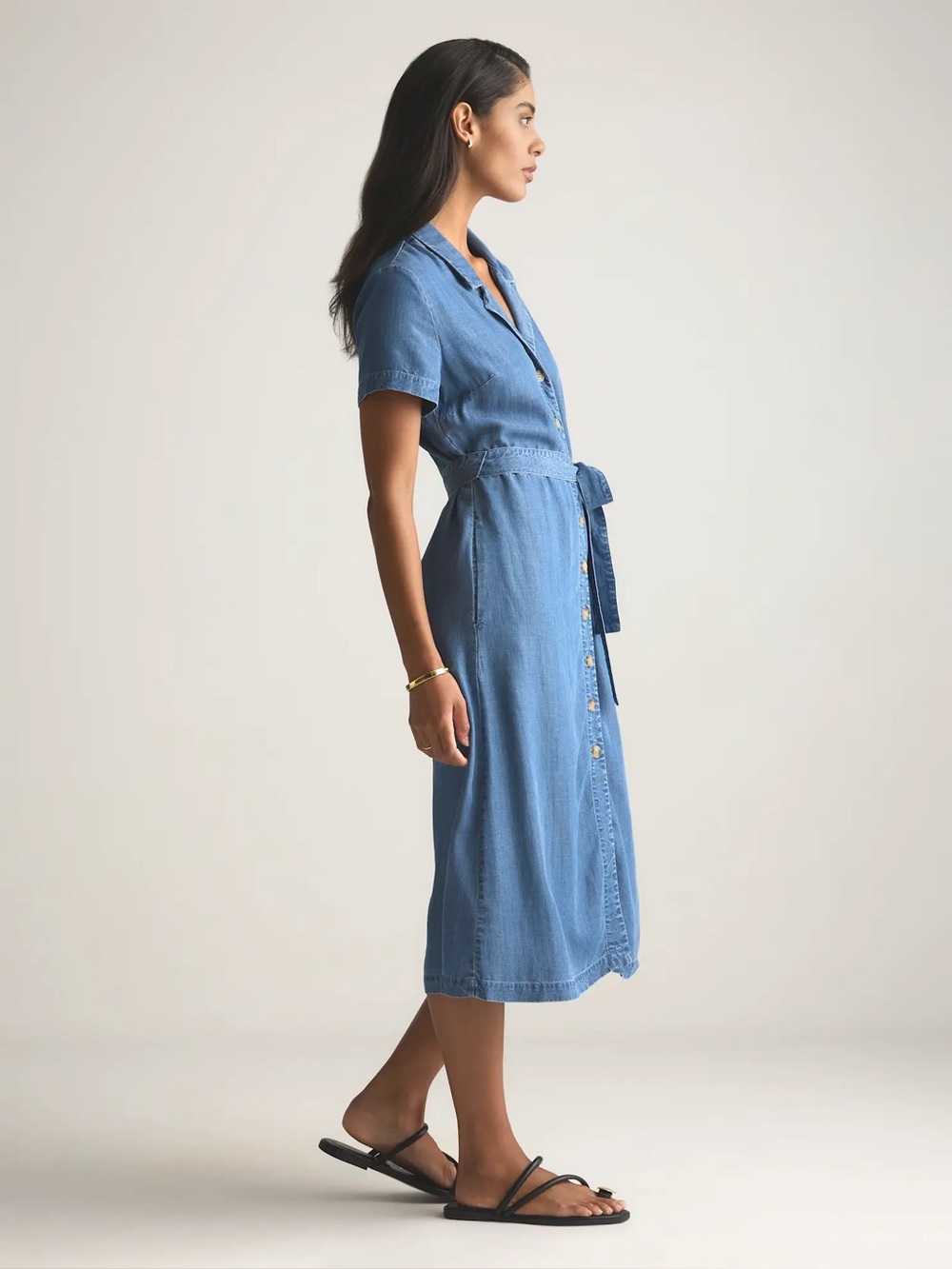 Quince Blue Button-Front Denim Midi Dress with Tie Waist - Picture 3 of 12